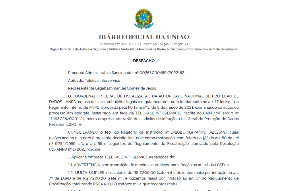 Uma empresa ME recebe a primeira sanção da ANPD por infrações à LGPD